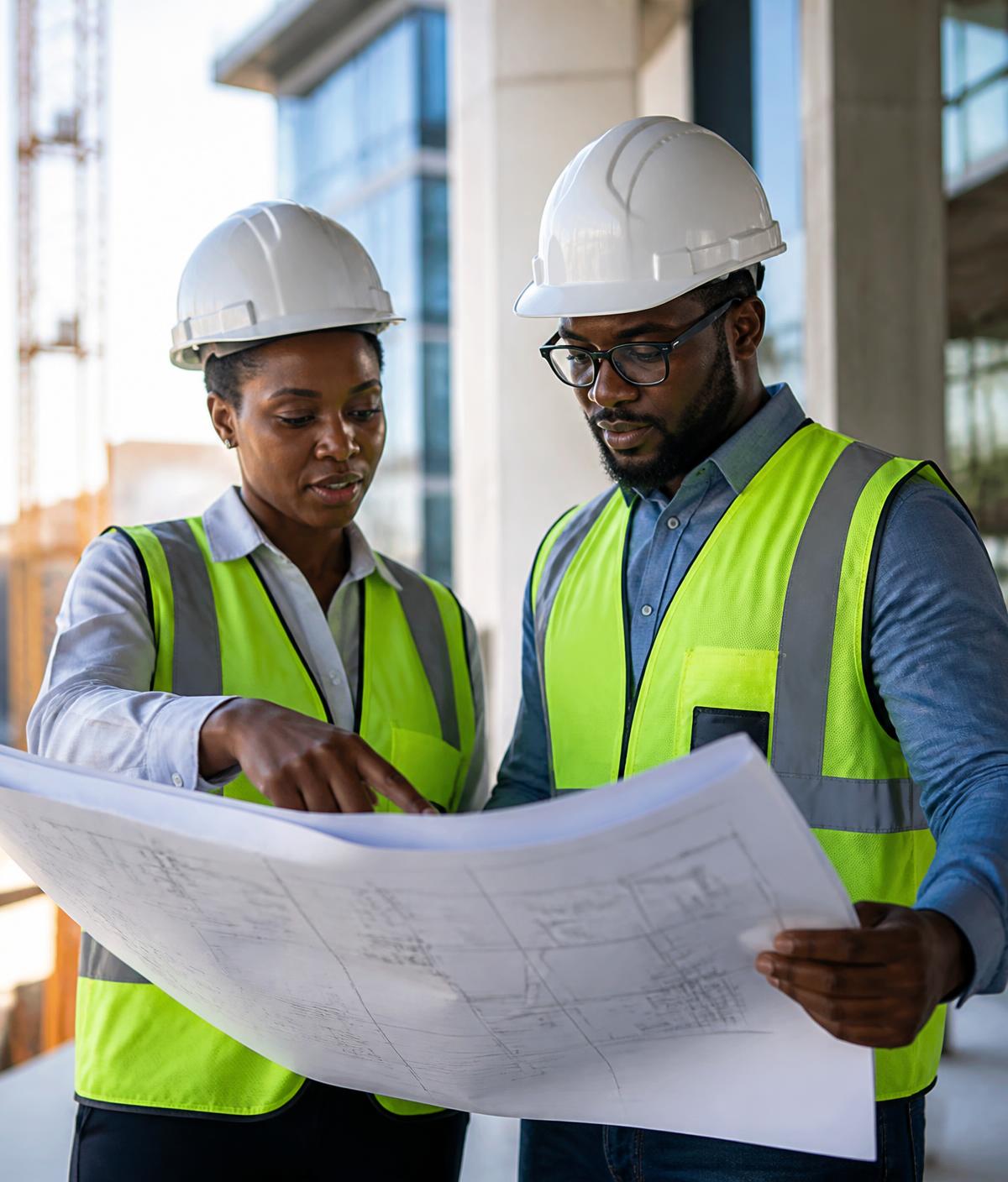 CUTECH Group engineering professionals reviewing building plans on site