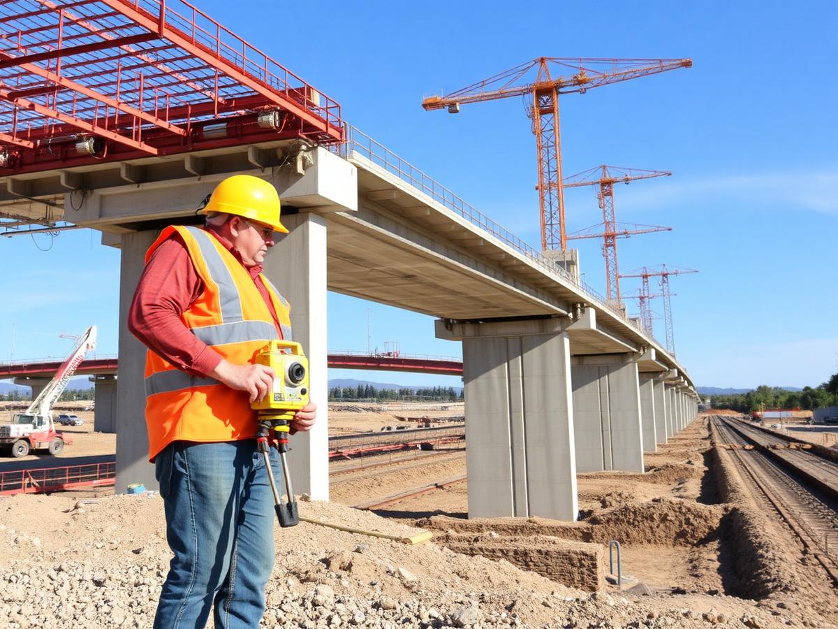 Bridge and highway under construction with surveying equipment