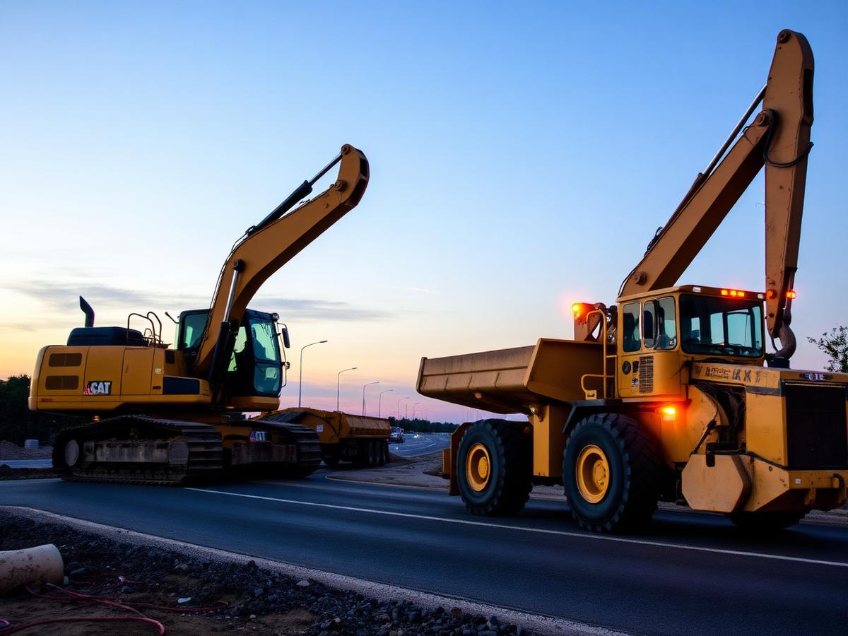 Excavator and haul truck on a road construction project at dusk