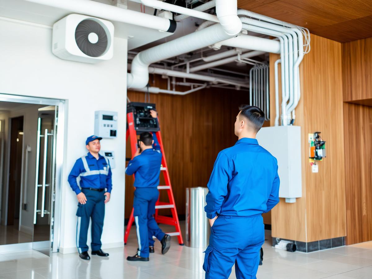 Technicians servicing building mechanical and electrical systems