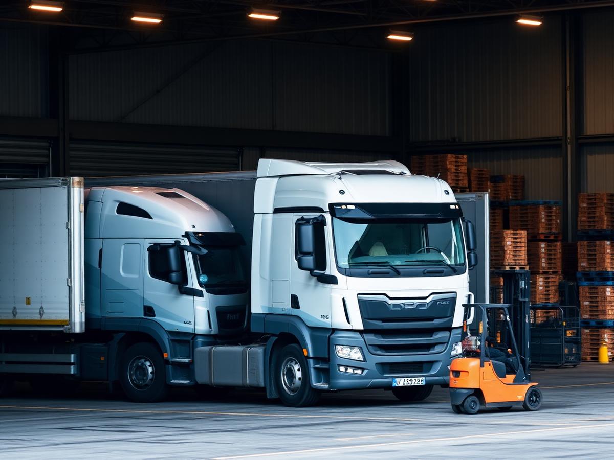 Cargo trucks loading at a logistics warehouse bay