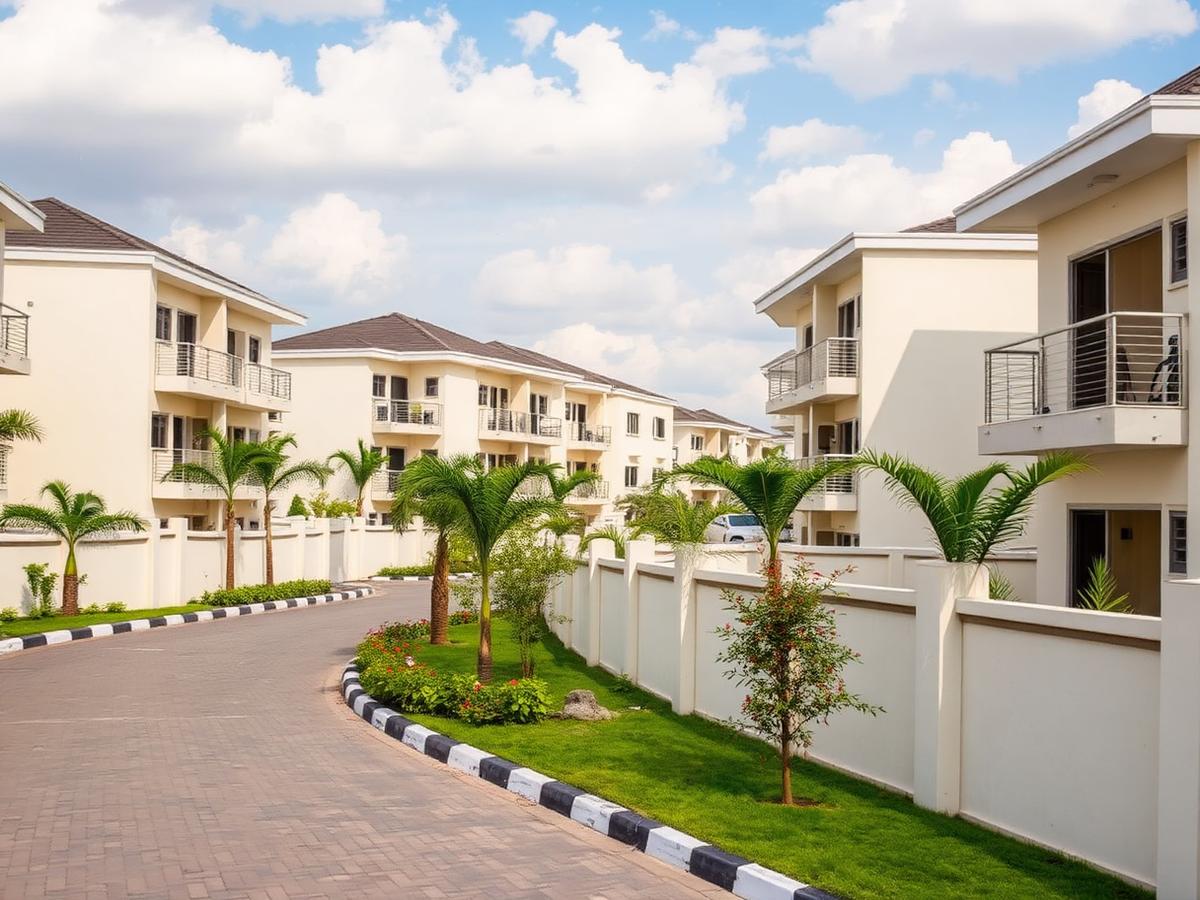 Modern residential estate with duplexes and paved access road